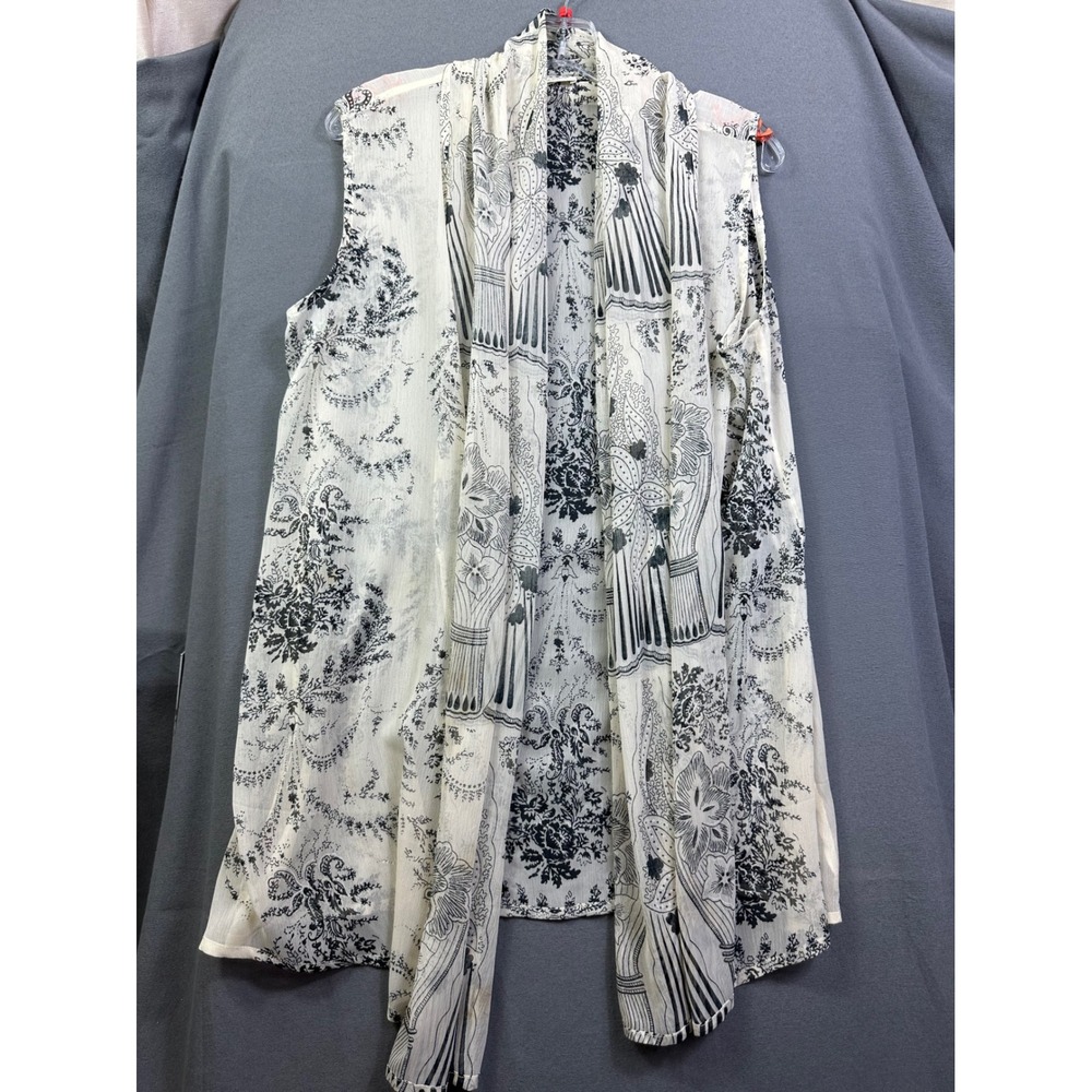 Coldwater Creek Cream Black Toile Flora Open Front Draped Longline Vest Cardigan